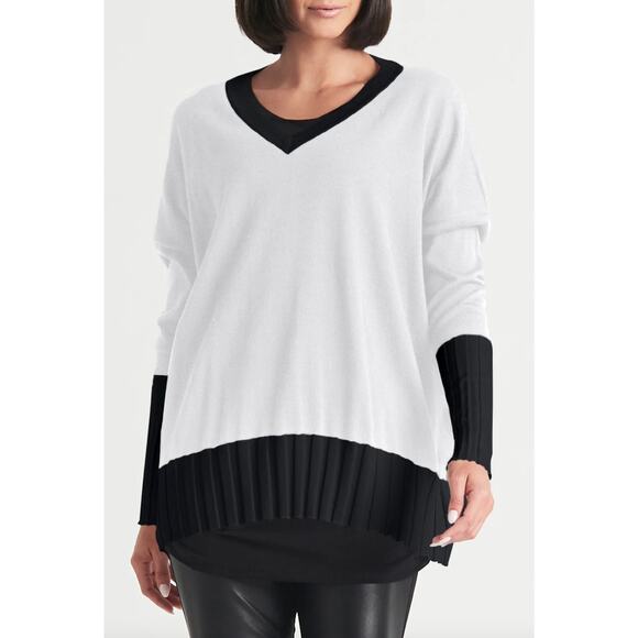 PLANET Lauren G Pima 2 Tone V-Neck Rib Sweater White/Black OS / One Size - Picture 1 of 12